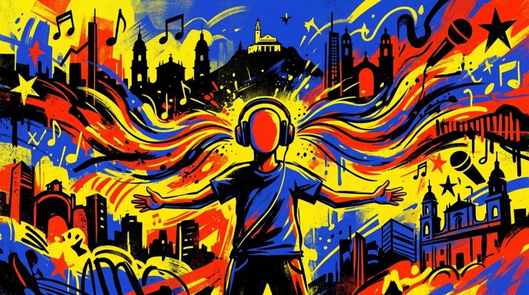 Ilustración urbana sobre el concierto de Kapo en Bogotá. Explosión de color, música afrobeat y energía para Bonchona Radio.