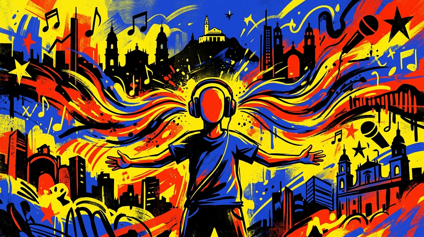 Ilustración urbana sobre el concierto de Kapo en Bogotá. Explosión de color, música afrobeat y energía para Bonchona Radio.