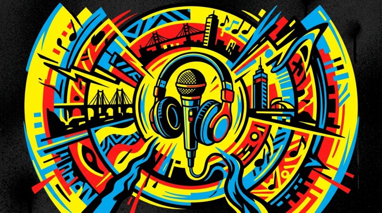 Ilustración urbana de hip-hop con micrófono y símbolos musicales por el concierto del rapero Trueno en Venezuela.