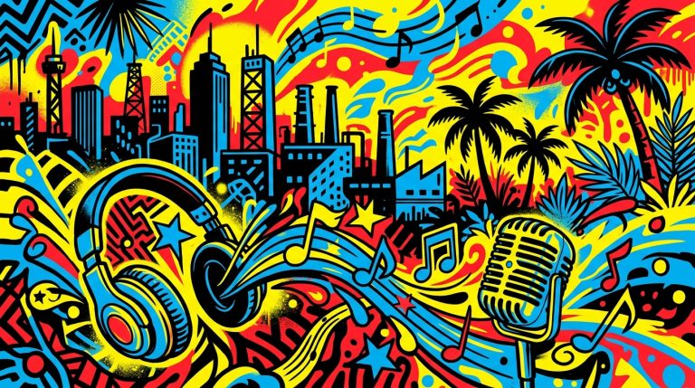 Ilustración de arte urbano sobre Los Amigos Invisibles en el Cabarete Jazz Festival, con fusión de Valencia y el Caribe.