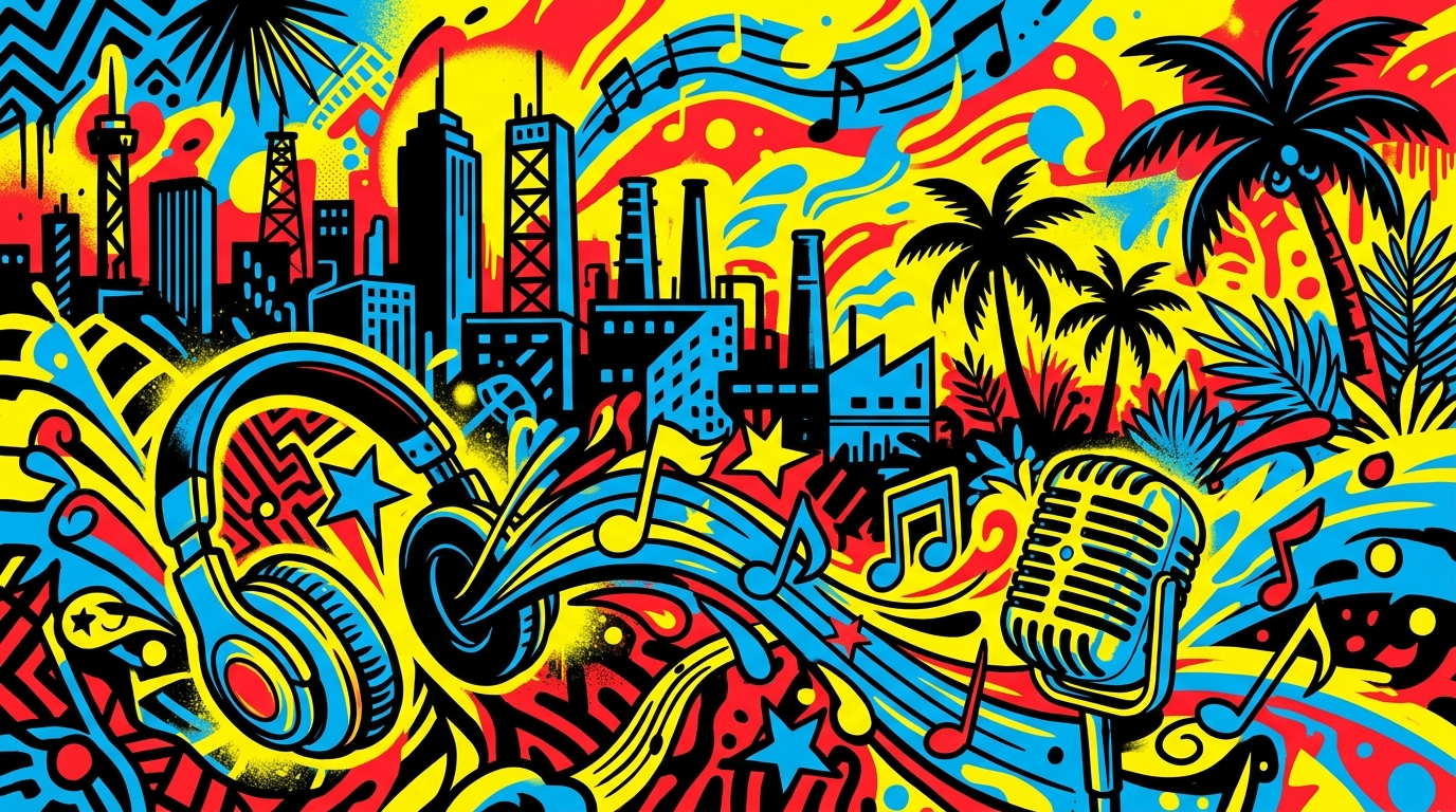 Ilustración de arte urbano sobre Los Amigos Invisibles en el Cabarete Jazz Festival, con fusión de Valencia y el Caribe.
