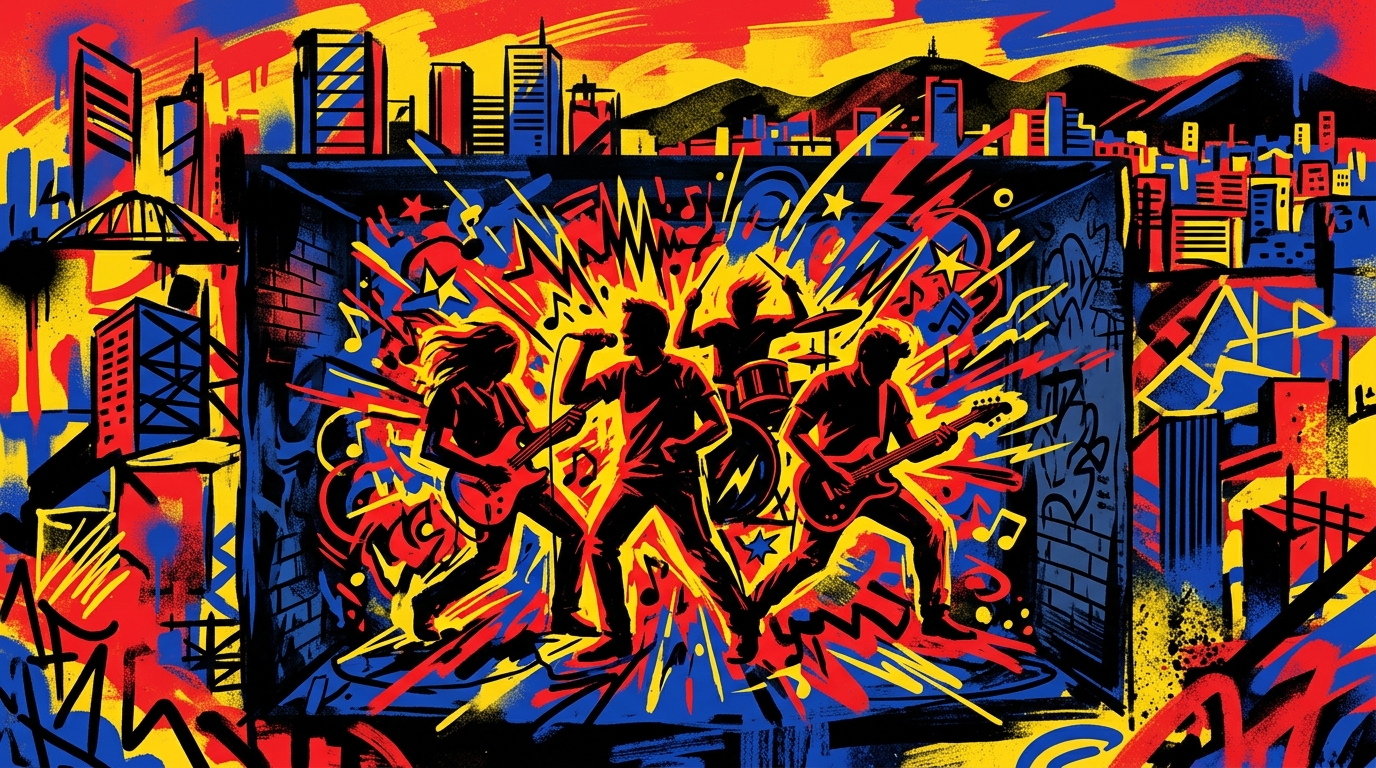 Ilustración urbana colorida del concierto íntimo de Foo Fighters, simbolizando su energía en un espacio pequeño y vibrante.