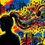 Ilustración urbana de una chica con notas musicales y pétalos, representando el nuevo álbum 'Petal' de Ariana Grande.