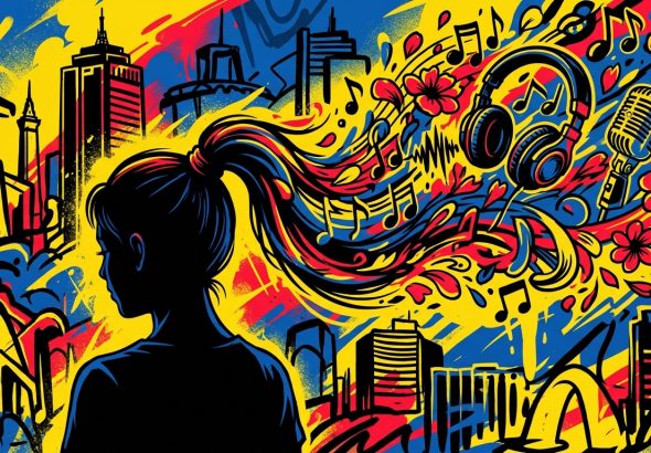 Ilustración urbana de una chica con notas musicales y pétalos, representando el nuevo álbum 'Petal' de Ariana Grande.