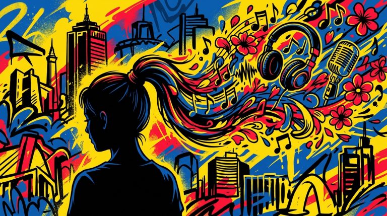 Ilustración urbana de una chica con notas musicales y pétalos, representando el nuevo álbum 'Petal' de Ariana Grande.