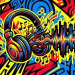 Ilustración de arte urbano con audífonos y notas musicales que representa el regreso de Shania Twain para Bonchona Radio.