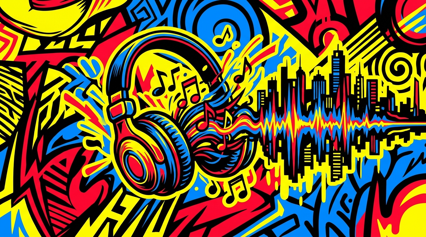 Ilustración de arte urbano con audífonos y notas musicales que representa el regreso de Shania Twain para Bonchona Radio.