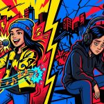 Ilustración urbana del álbum de Mercedess: una artista dividida entre la fama y el agotamiento, con audífonos y notas musicales.