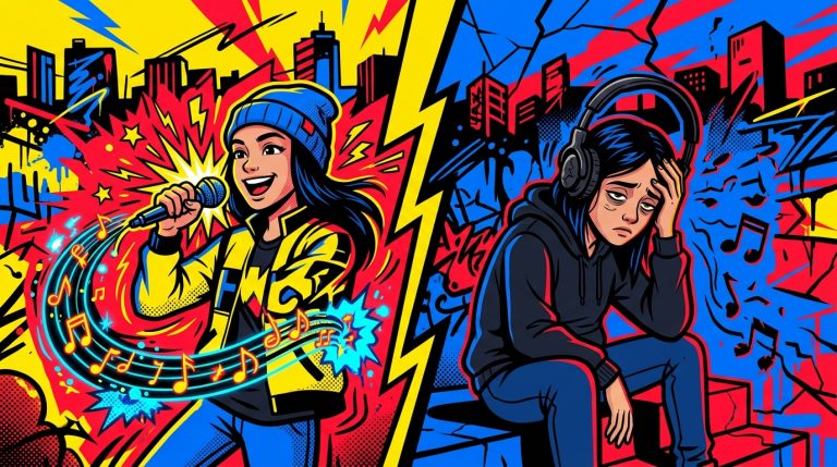 Ilustración urbana del álbum de Mercedess: una artista dividida entre la fama y el agotamiento, con audífonos y notas musicales.