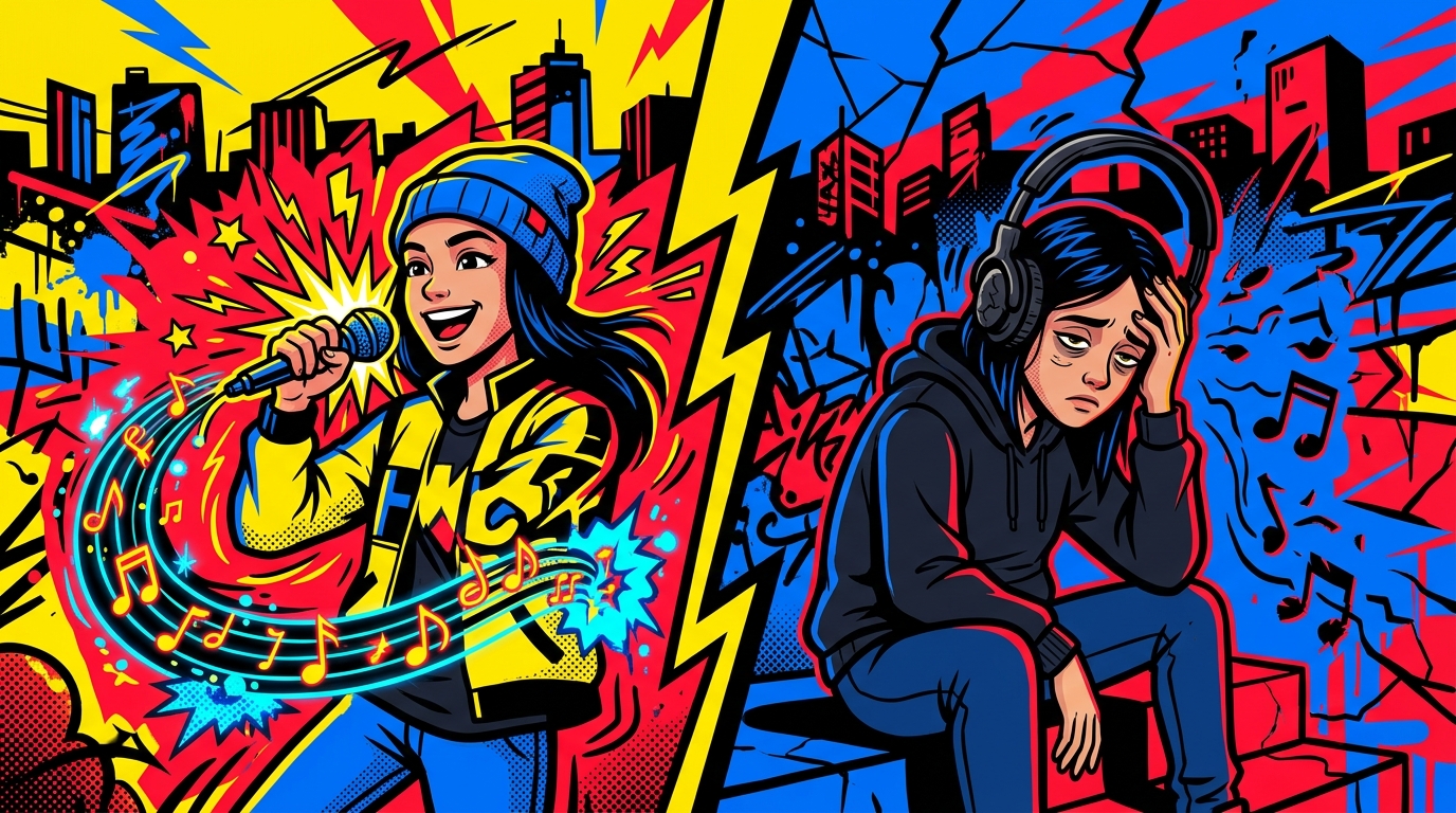 Ilustración urbana del álbum de Mercedess: una artista dividida entre la fama y el agotamiento, con audífonos y notas musicales.