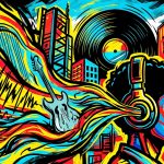 Ilustración de arte urbano sobre el nuevo álbum de AKRIILA inspirado en The Beatles, con colores vibrantes para Bonchona Radio.