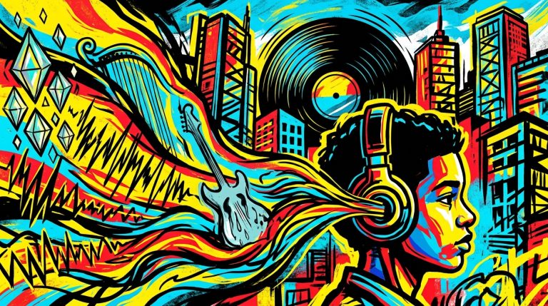 Ilustración de arte urbano sobre el nuevo álbum de AKRIILA inspirado en The Beatles, con colores vibrantes para Bonchona Radio.