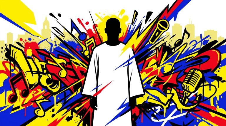 Ilustración urbana sobre la experiencia de Joaquín Furriel en el concierto de Ca7riel y Paco. Arte de Bonchona Radio.