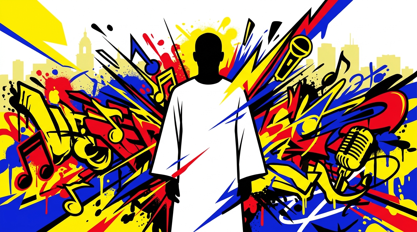 Ilustración urbana sobre la experiencia de Joaquín Furriel en el concierto de Ca7riel y Paco. Arte de Bonchona Radio.