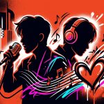 Ilustración urbana de dos siluetas K-Pop con un corazón y notas musicales por el EP 'Love Me' de Shownu X Hyungwon.