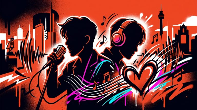 Ilustración urbana de dos siluetas K-Pop con un corazón y notas musicales por el EP 'Love Me' de Shownu X Hyungwon.