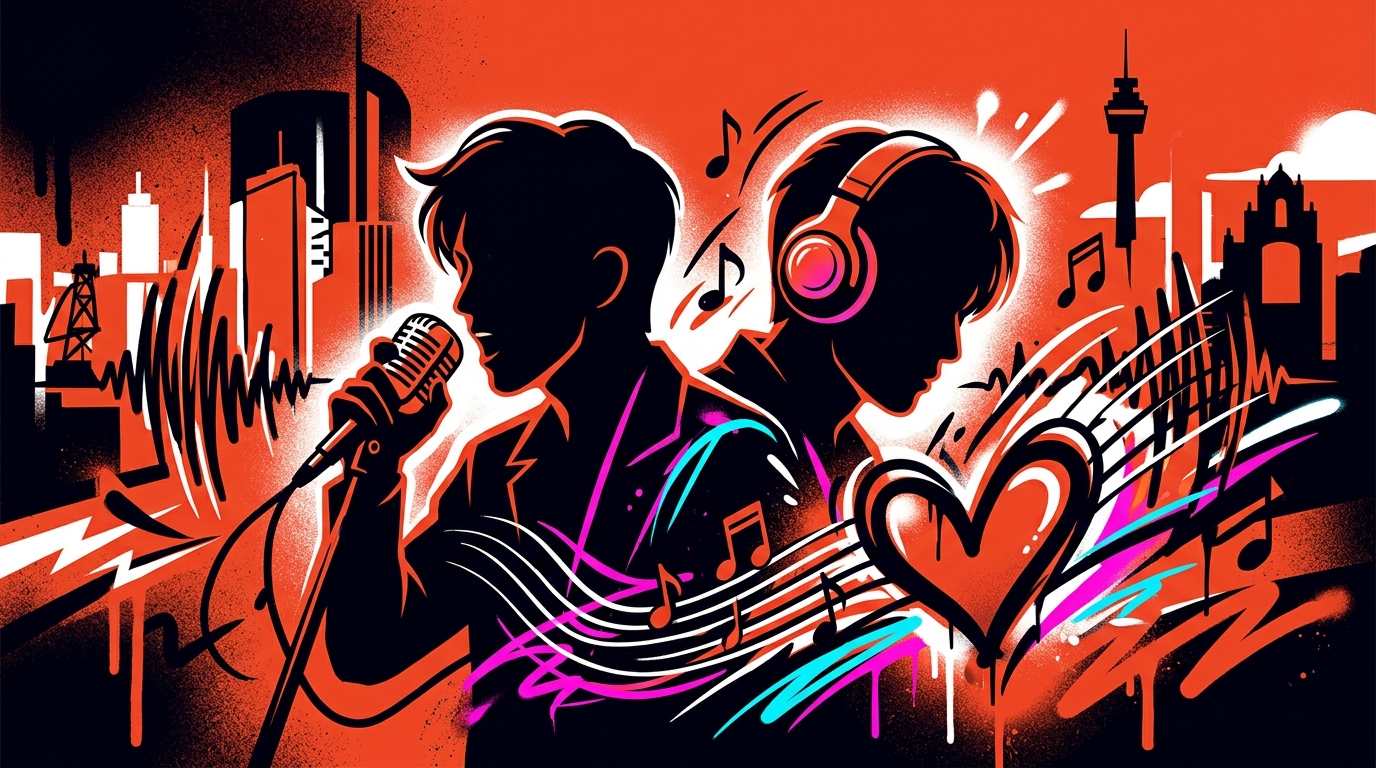 Ilustración urbana de dos siluetas K-Pop con un corazón y notas musicales por el EP 'Love Me' de Shownu X Hyungwon.