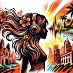 Ilustración urbana del verano musical de Elena Rose. Una figura con audífonos entre olas de sonido y una ciudad de fondo.