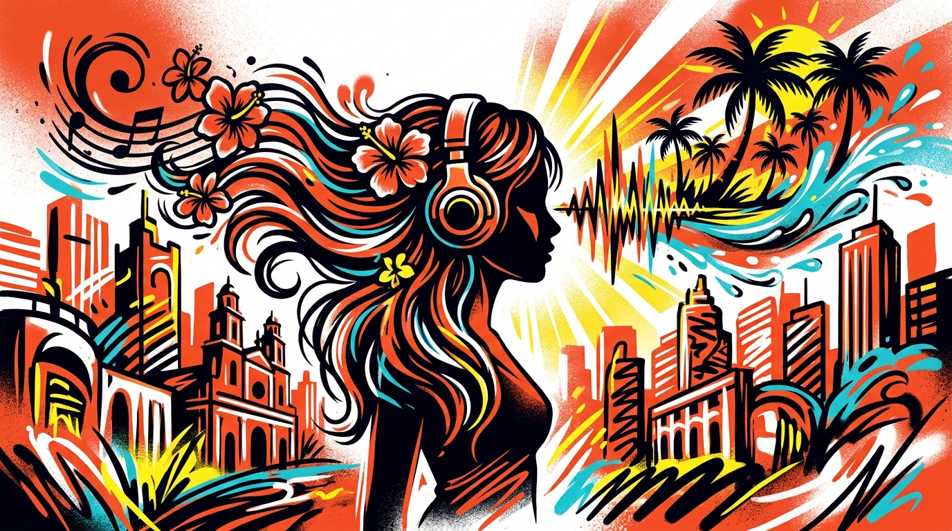 Ilustración urbana del verano musical de Elena Rose. Una figura con audífonos entre olas de sonido y una ciudad de fondo.