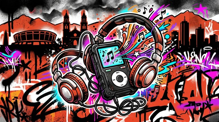 Ilustración de arte urbano sobre la nostalgia musical de los 2000, con un reproductor MP3 y la silueta de Valencia.