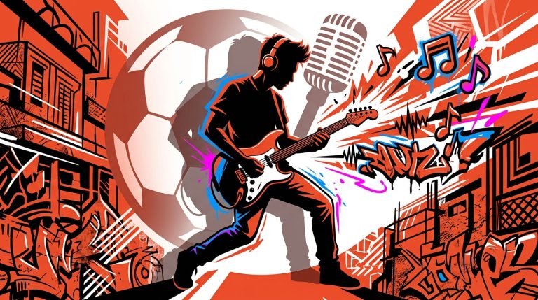 Ilustración de arte urbano de un joven músico con su guitarra, representando el nuevo tema de Cruz Beckham. Estilo pop y colorido.