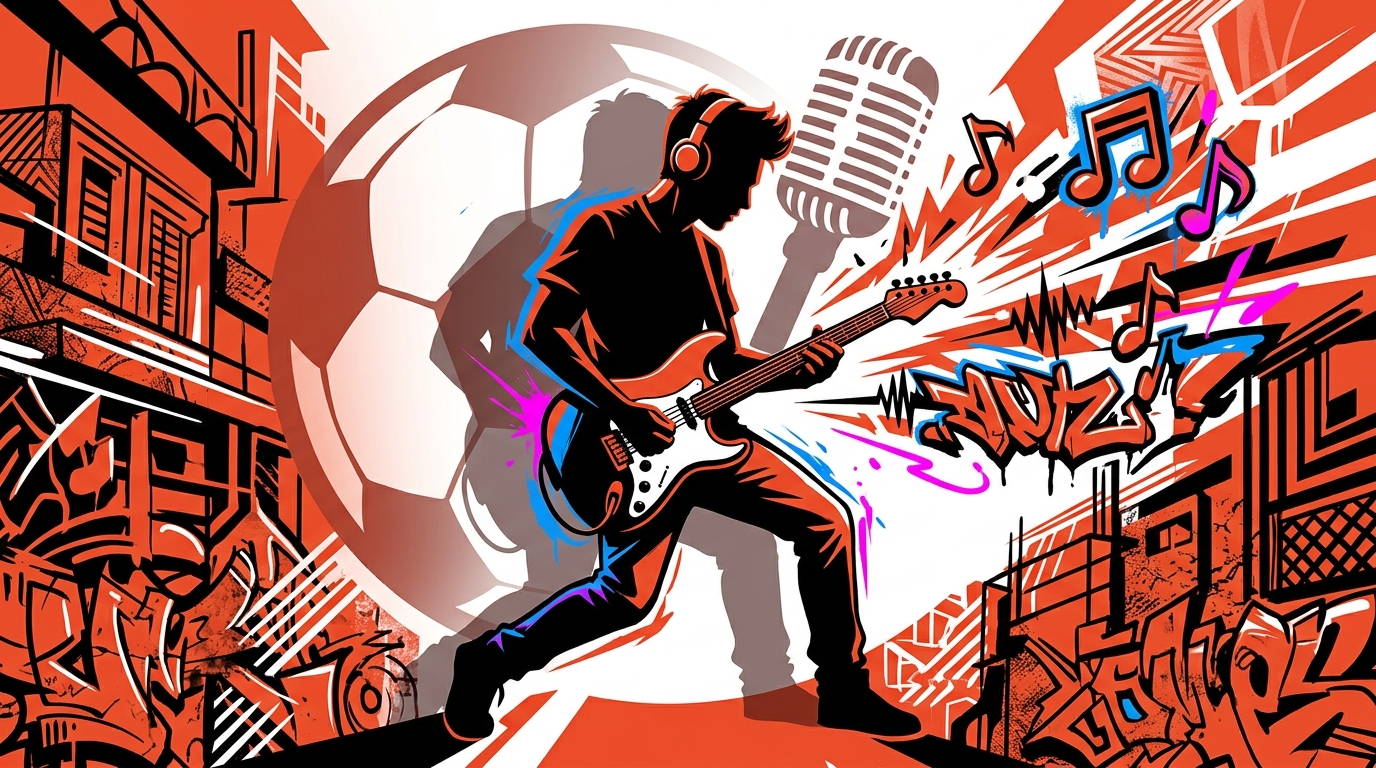 Ilustración de arte urbano de un joven músico con su guitarra, representando el nuevo tema de Cruz Beckham. Estilo pop y colorido.