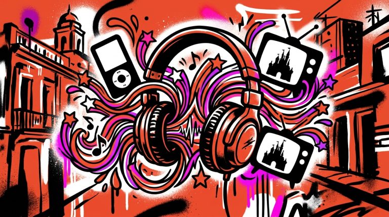 Ilustración de arte urbano sobre la nostalgia musical de los 2000, con audífonos retro y estrellas de pop al estilo Disney.