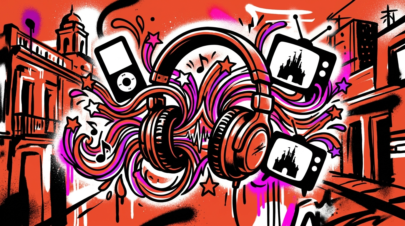 Ilustración de arte urbano sobre la nostalgia musical de los 2000, con audífonos retro y estrellas de pop al estilo Disney.