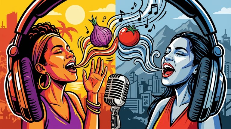 Ilustración urbana de Las Áñez y su álbum 'Dualismo Mágico' con elementos de música, cebollas y la dualidad de sus sonidos.
