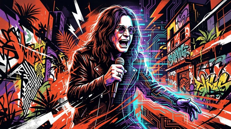 Ilustración estilo graffiti del avatar IA de Ozzy Osbourne. Fusión de rock, tecnología y arte urbano venezolano en colores vivos.