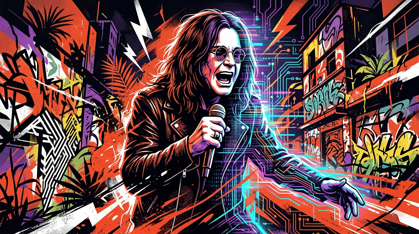 Ilustración estilo graffiti del avatar IA de Ozzy Osbourne. Fusión de rock, tecnología y arte urbano venezolano en colores vivos.