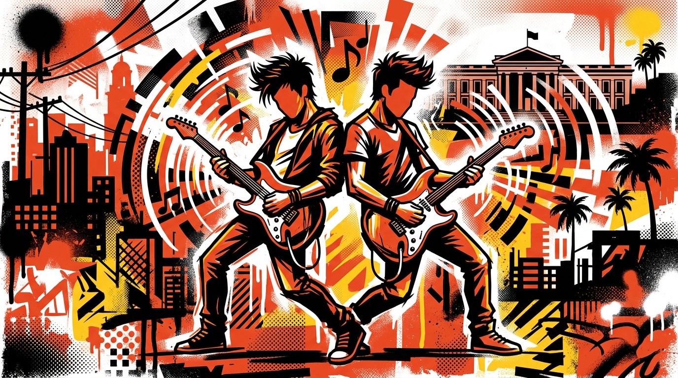 Ilustración de Bonchona Radio sobre el dúo español Cora Yako. Arte urbano con dos músicos y guitarras eléctricas.