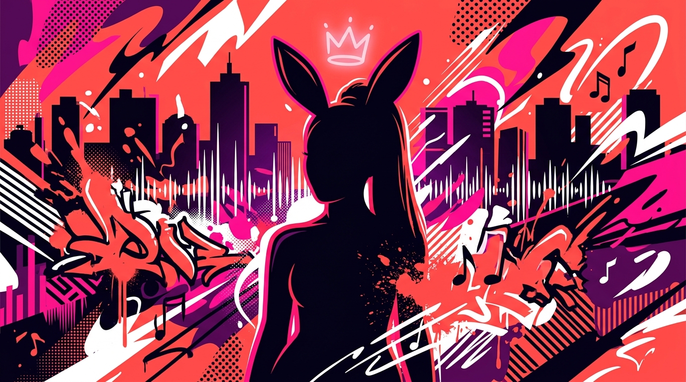 Ilustración urbana sobre Ariana Grande y Dangerous Woman. Silueta de la reina del pop con fondo de ciudad y notas musicales.