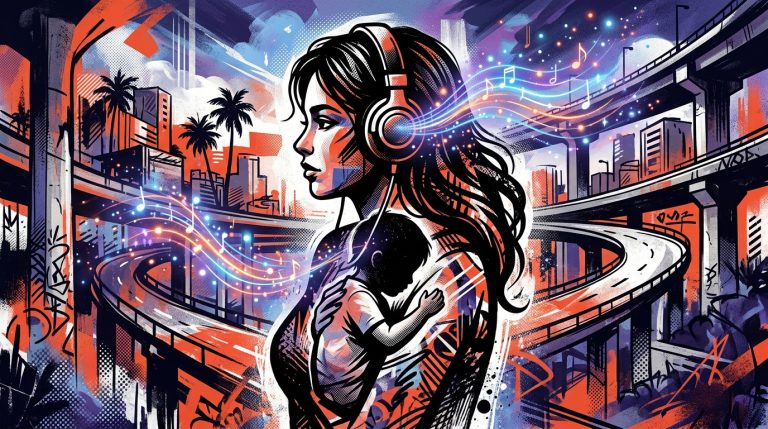 Ilustración urbana de una mujer protegiendo a su niña interior, inspirada en la canción 'pequeñita!' de Judeline.
