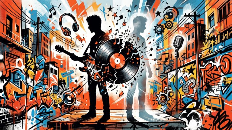 Ilustración urbana de Niall Horan y Liam Payne con un disco roto, simbolizando el fin de una era para One Direction.