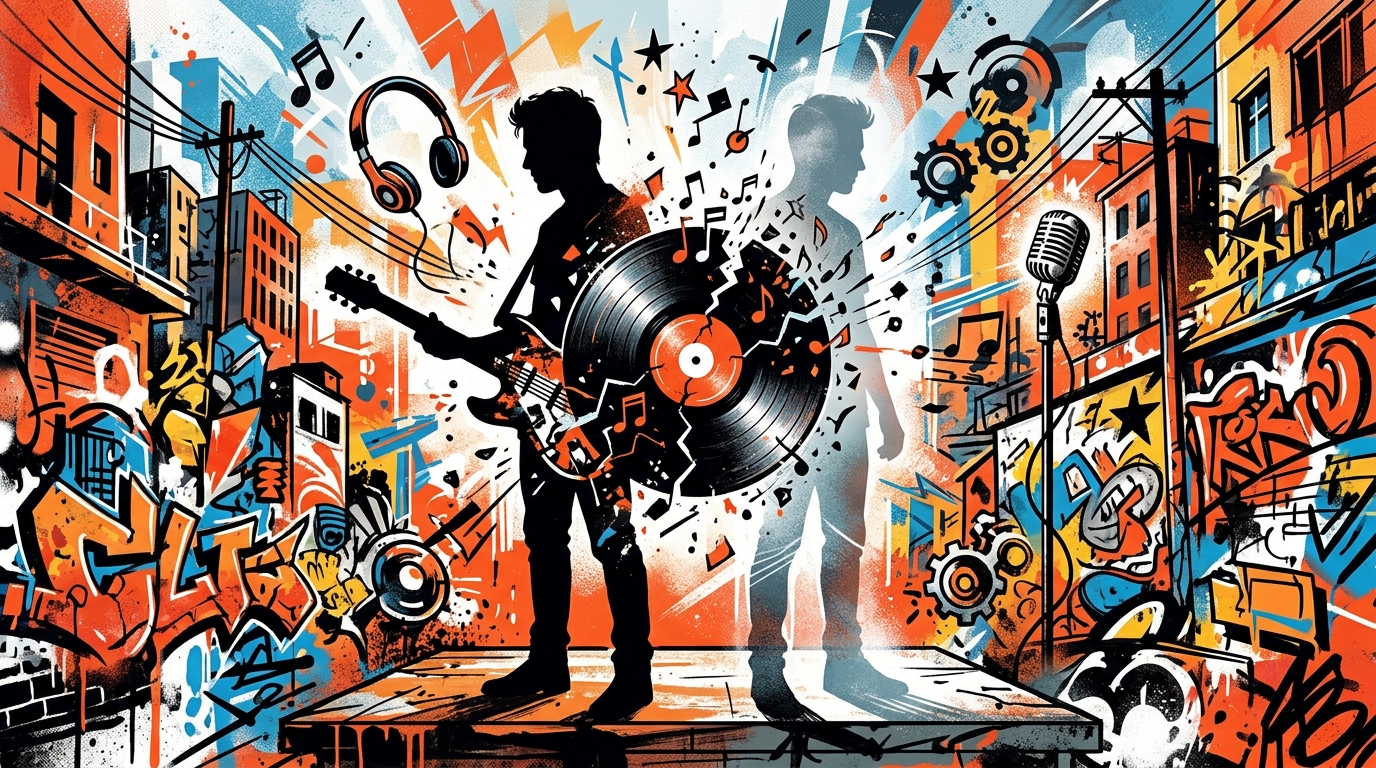 Ilustración urbana de Niall Horan y Liam Payne con un disco roto, simbolizando el fin de una era para One Direction.