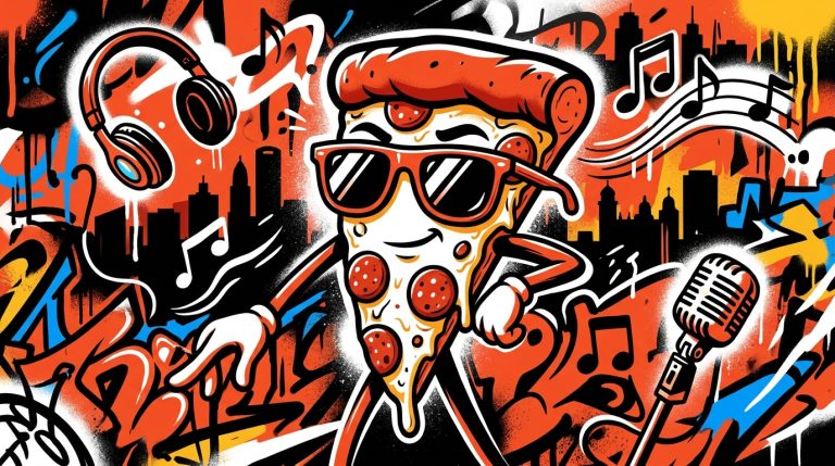 Ilustración de arte urbano de una pizza con lentes, al estilo de Bad Bunny en Toy Story 5, para Bonchona Radio.