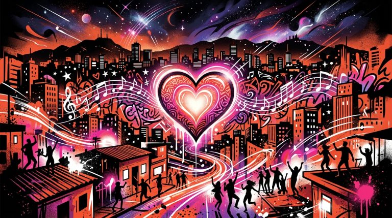 Ilustración urbana de un corazón con notas musicales sobre la ciudad de Valencia, alusiva a la canción de Ela Taubert.