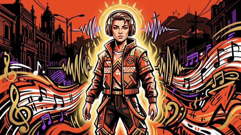 Ilustración urbana de una figura andrógina con audífonos y aura divina. Representa al grupo K-pop XLOV y su música.