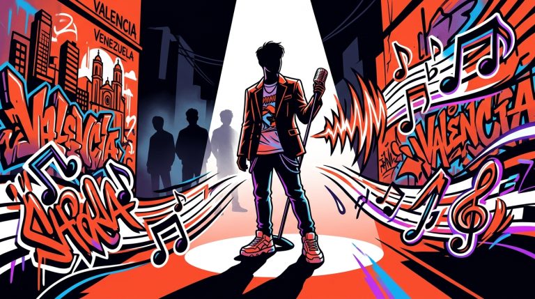 Ilustración urbana de un cantante K-Pop solo en un escenario, simbolizando la carrera solista de J.Seph de KARD.