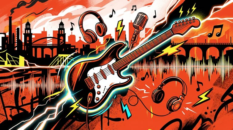 Ilustración urbana de una guitarra cruzando una frontera. Arte sobre el nuevo disco de Viniloversus, ‘La Frontera’.