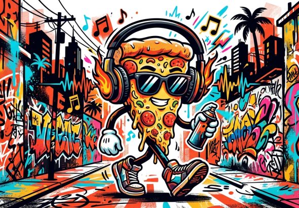 Ilustración urbana para Bonchona Radio sobre Bad Bunny y su personaje de pizza en Toy Story 5.
