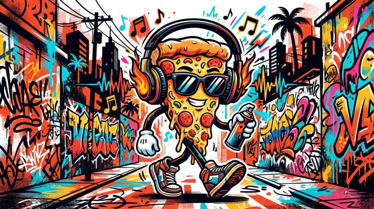 Ilustración urbana para Bonchona Radio sobre Bad Bunny y su personaje de pizza en Toy Story 5.