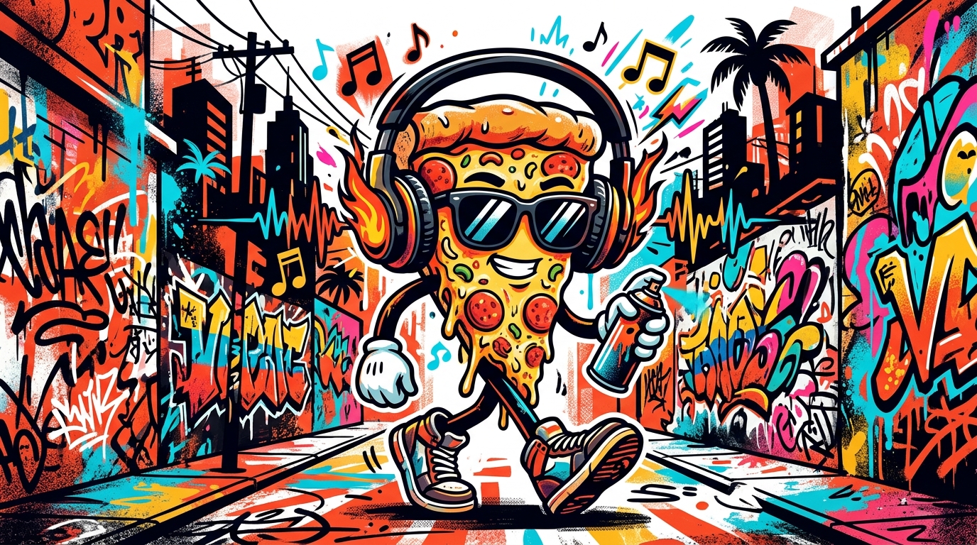 Ilustración urbana para Bonchona Radio sobre Bad Bunny y su personaje de pizza en Toy Story 5.