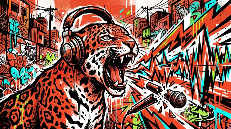 Ilustración del Nu-Metal venezolano de Big Cat Orsini: un jaguar con audífonos sobre un fondo urbano y grafitis.