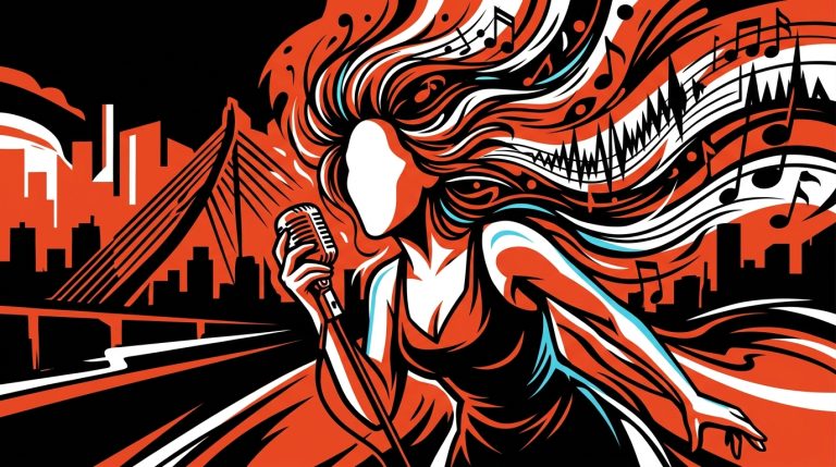 Ilustración urbana de una cantante y Valencia, inspirada en el nuevo álbum 'Mientras busco la gloria' de la artista Luz Gaggi.