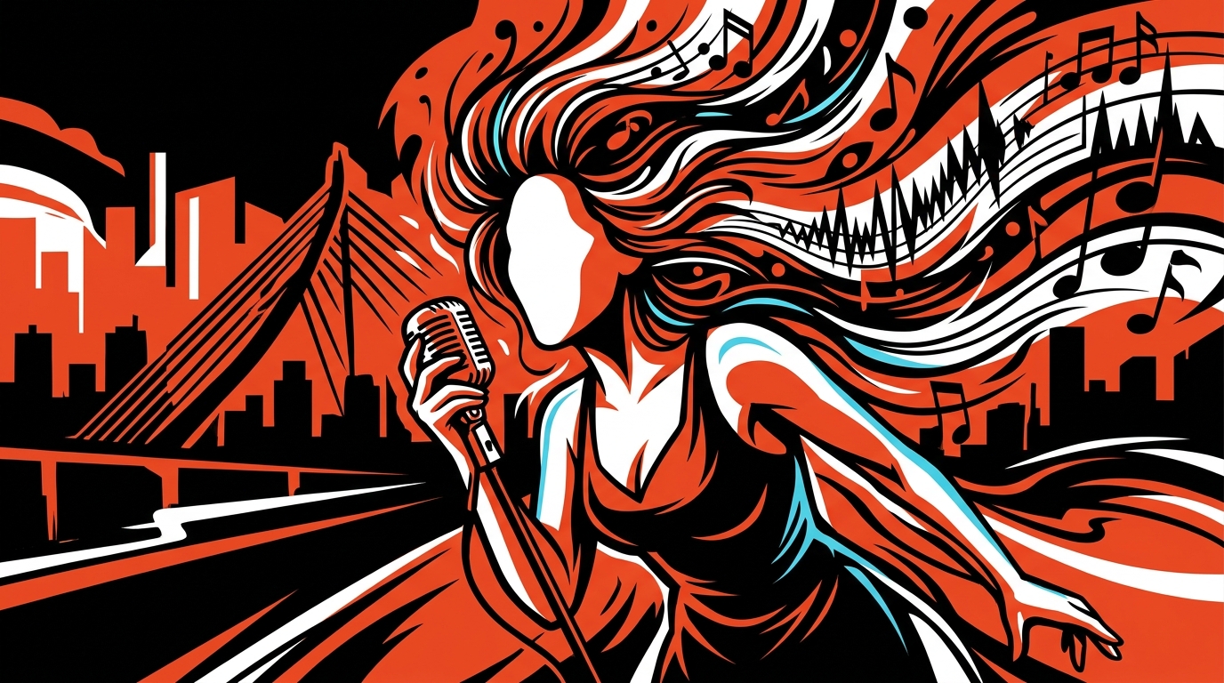 Ilustración urbana de una cantante y Valencia, inspirada en el nuevo álbum 'Mientras busco la gloria' de la artista Luz Gaggi.