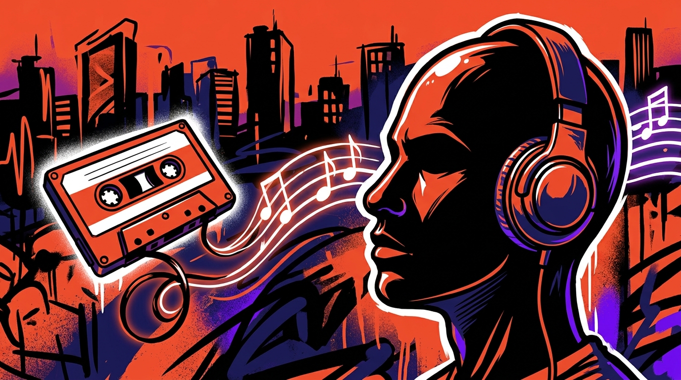 Ilustración urbana sobre 'Quitapenas' de Gabriel Dinero, un poema familiar convertido en canción.