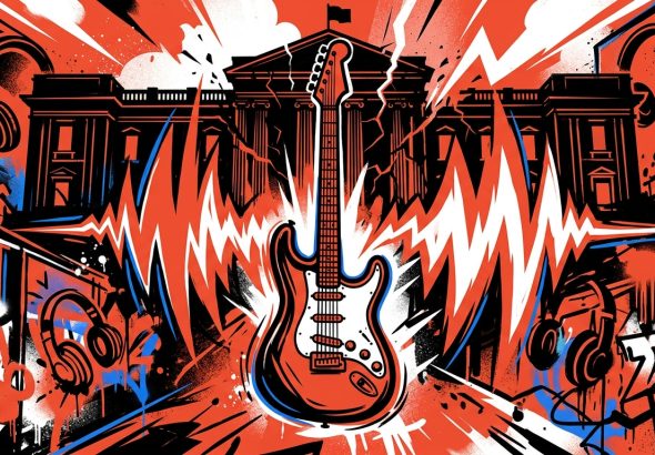 Ilustración de arte urbano de una guitarra eléctrica como símbolo de la protesta musical de Bruce Springsteen contra el poder.