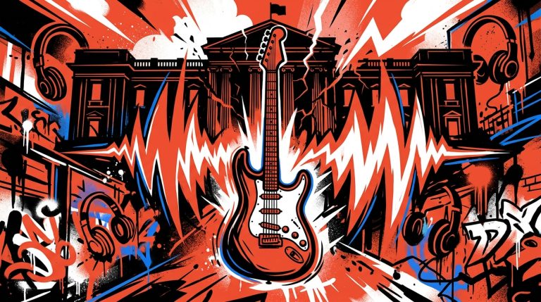 Ilustración de arte urbano de una guitarra eléctrica como símbolo de la protesta musical de Bruce Springsteen contra el poder.